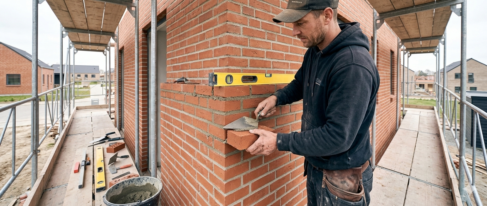 Murer der lægger mursten med vaterpas