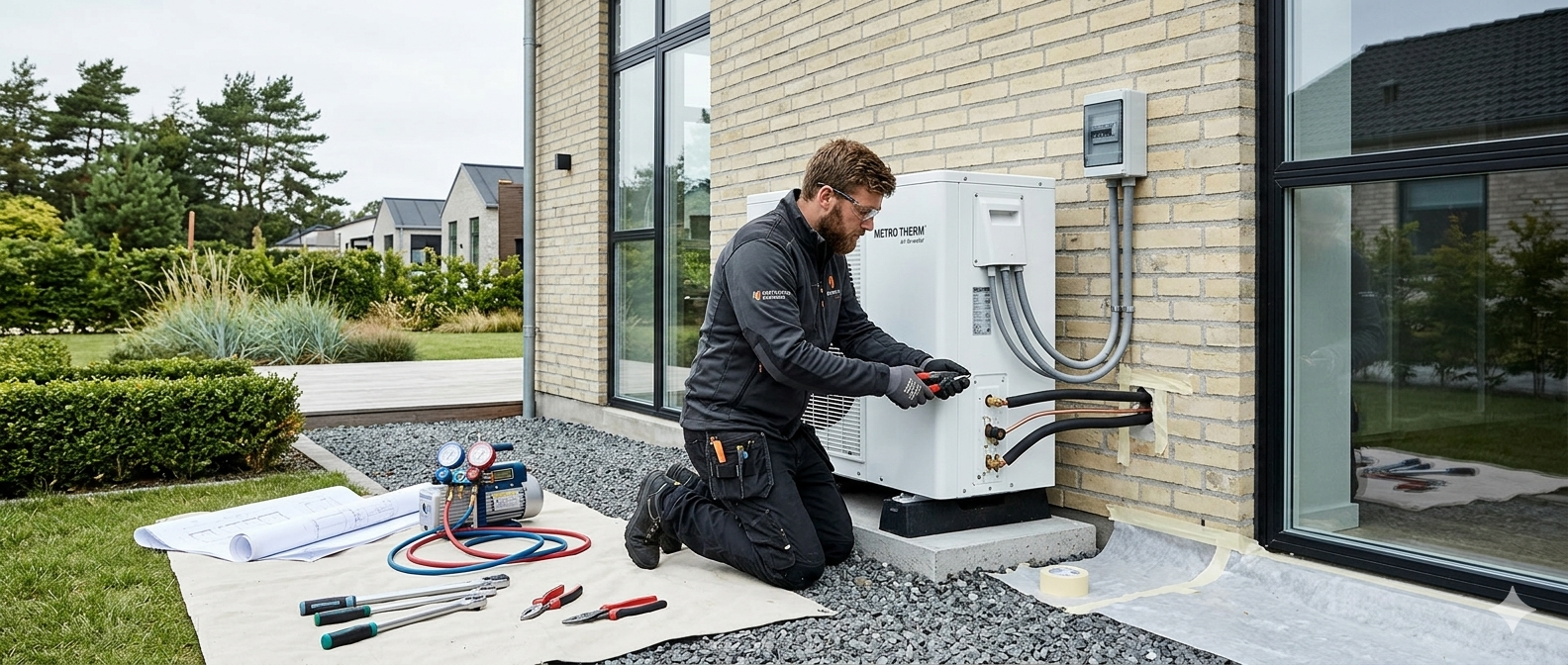 Tekniker der installerer varmepumpe